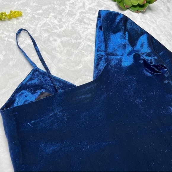 American Retro Mila Metallic Silk One Shoulder Long Sleeve Mini Dress in Blue - Picture 8 of 15